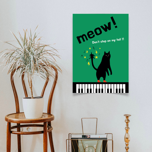 グラフィックデザイン・アートポスター meow! cat / 猫 ネコ ダンス 音符 ピアノ ポップイラスト グリーン 5枚目の画像