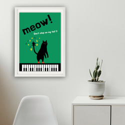 グラフィックデザイン・アートポスター meow! cat / 猫 ネコ ダンス 音符 ピアノ ポップイラスト グリーン 2枚目の画像