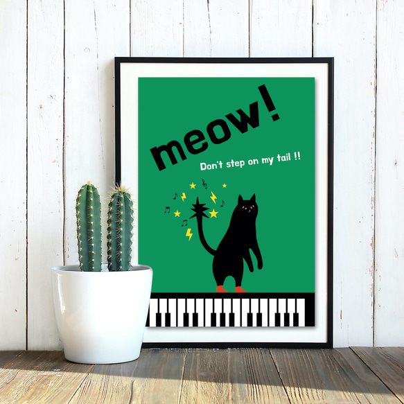 グラフィックデザイン・アートポスター meow! cat / 猫 ネコ ダンス 音符 ピアノ ポップイラスト グリーン 1枚目の画像