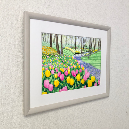 チューリップの咲く公園」透明水彩画 原画 風景画 額縁付 F4 チューリップの咲く公園」透明水彩画 原画 風景画 額縁付 F4