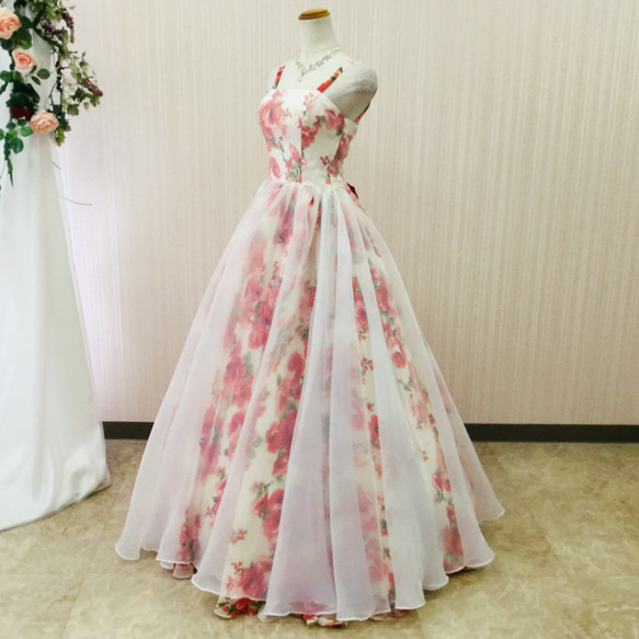 カラードレス ロングドレス 結婚式 演奏会 花柄ドレス オフホワイト×花柄 肩紐付き cd32050 2枚目の画像