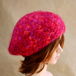 リフ編みのベレー帽　赤系ミックスカラー（モヘア＆ウール） 4枚目の画像