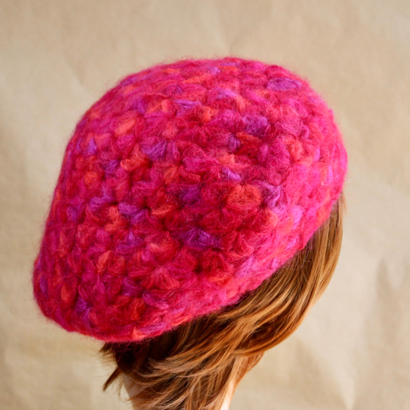 リフ編みのベレー帽　赤系ミックスカラー（モヘア＆ウール） 3枚目の画像