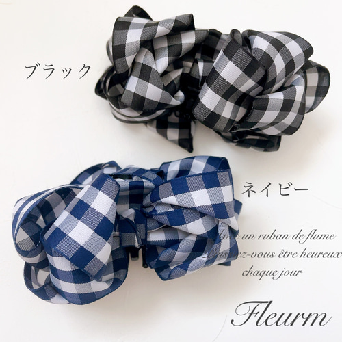 ハンドメイド♡♡ファーバンスクリップ♡♡Fancyギンガムチェックパープル