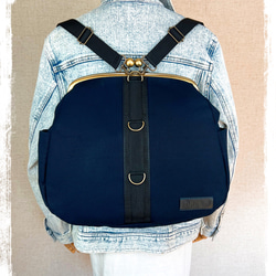 1.受注制作/送料込 デニム布がま口リュック&ショルダーバッグ 背中で口