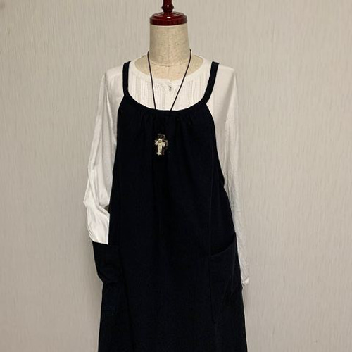 リネン 黒 ワンピース エプロンワンピース ロング着丈 120cm いつもの