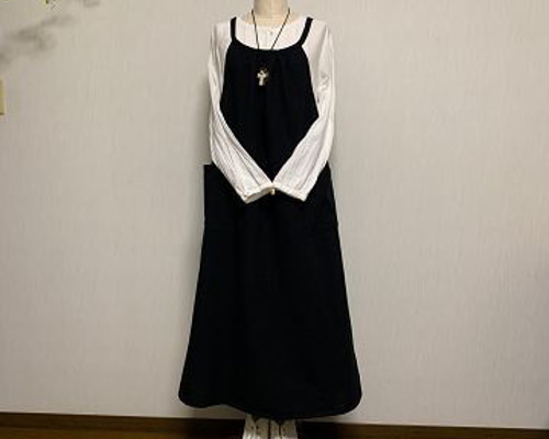 リネン 黒 ワンピース エプロンワンピース ロング着丈 120cm