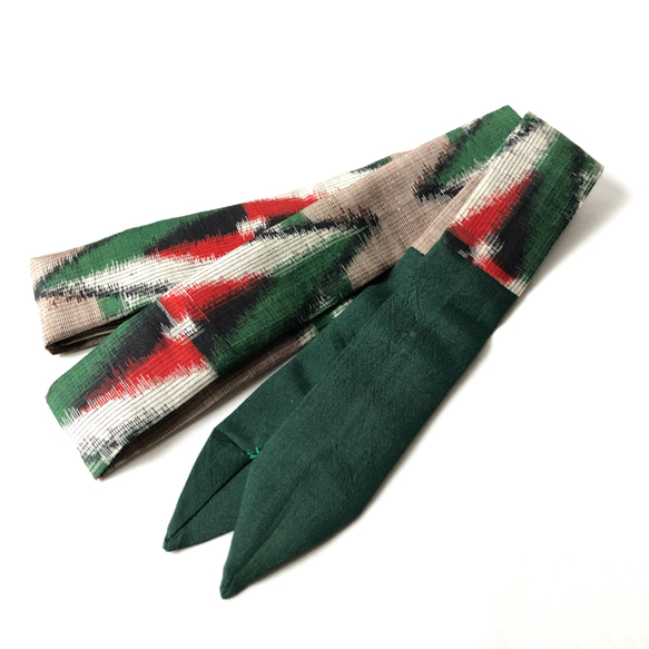 レトロな帯枕・帯板・仮紐・収納バッグセット　銘仙　杢ベージュ地に緑と赤のダイヤ柄 7枚目の画像