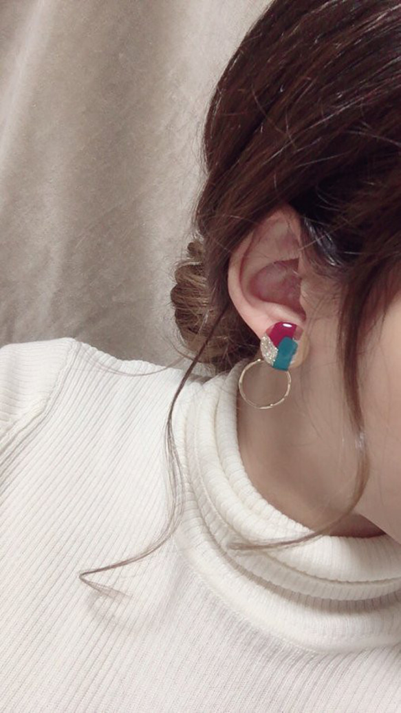 2Way art mini hoop pierce/earring(Hot Pink) 2枚目の画像