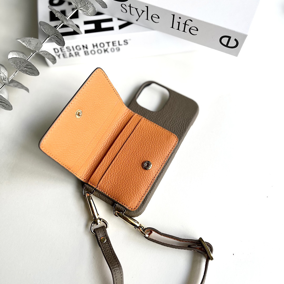 #3 名入れ可｜バイカラー本革iPhoneショルダーケース（背面収納　スマホショルダー）Etaupe+Orange