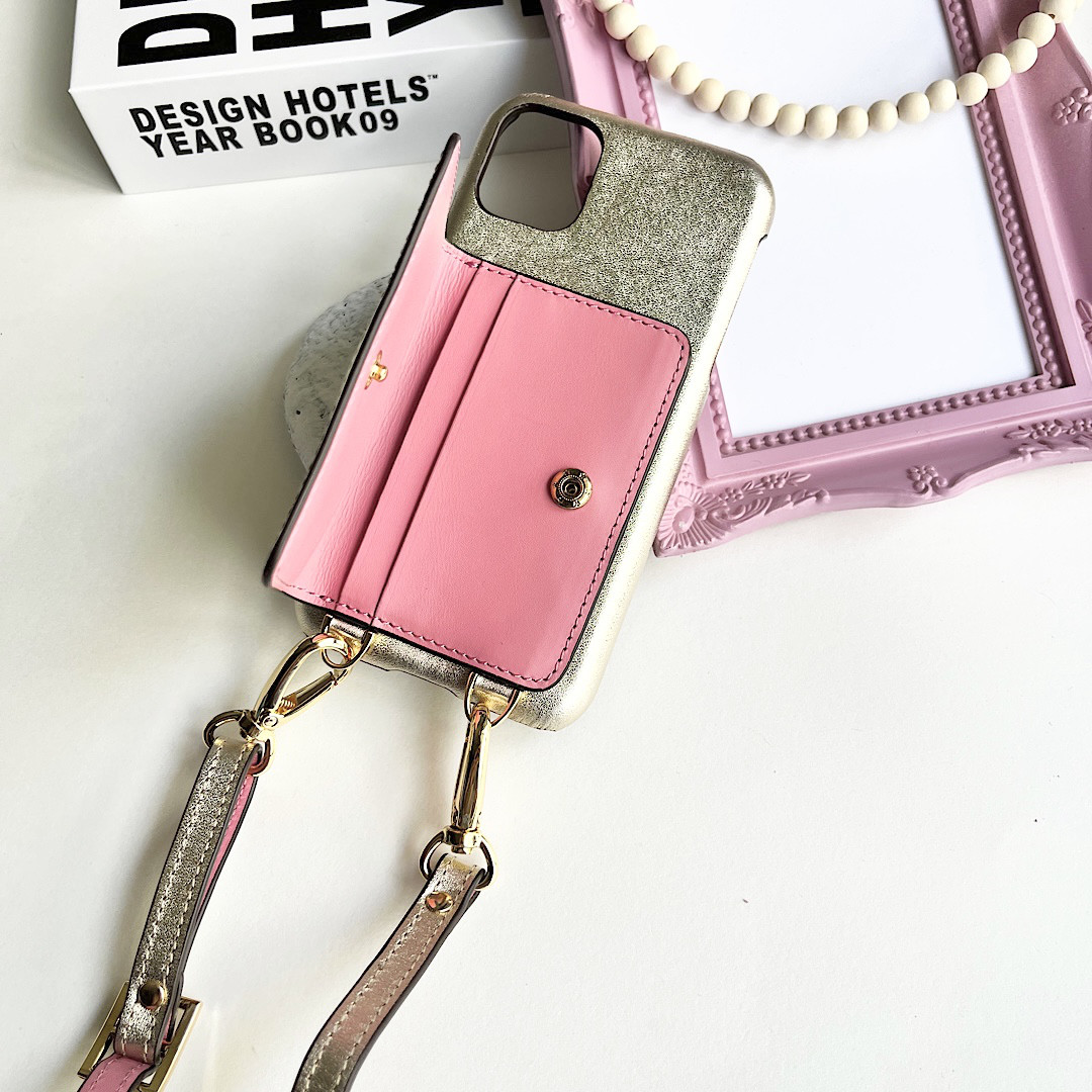 #3 名入れ可｜バイカラー本革iPhoneショルダーケース（背面収納　スマホショルダー）Lightgold+Coral