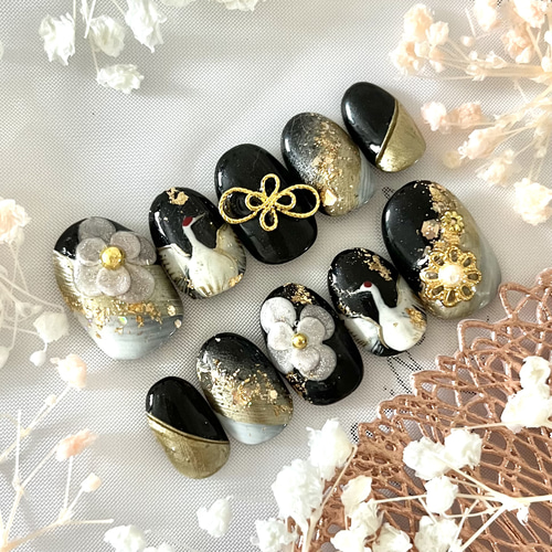 振袖ネイル◇サイズオーダー◇色変更可◇黒ネイル/水引き/鶴シルエット  