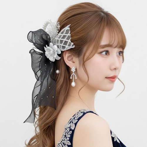 ブラック】パール ＆ サテンリボンの ポニーフック / ヘアアクセサリー