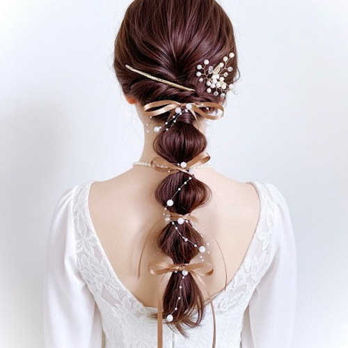 ブラウン】パール ＆ サテンリボン の ポニーフック / ヘア