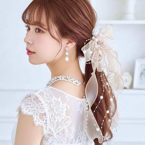 No1 ロングver ヘアアクセサリー ペンライト リボン オーダー専用 ブラウン】パール ＆ サテンリボン の ポニーフック / ヘア