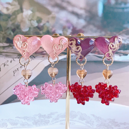 Triple Heart ♡♡♡ 三連ハート イヤリング・ピアス（ビター