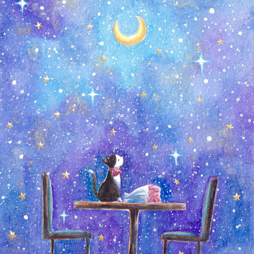 絵画 。壁掛け絵原画手描き【美しい月夜、猫たちとフクロウの