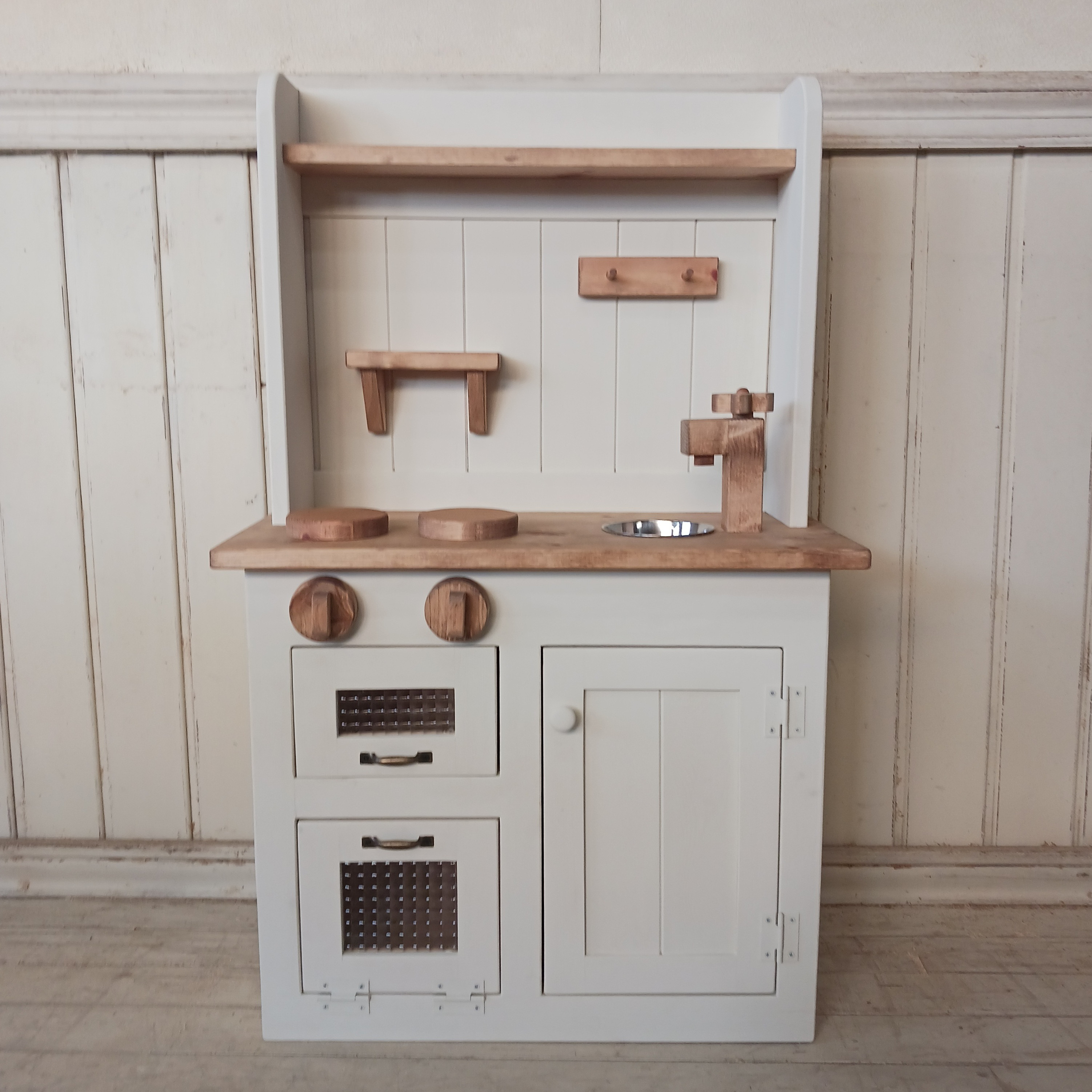 おままごと キッチン 木製 チェッカーガラス扉 クリーム スタンダードタイプ