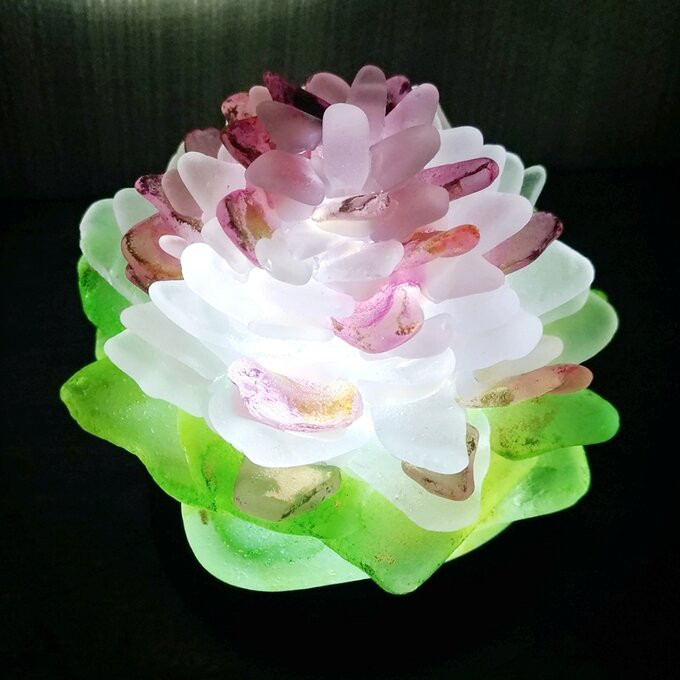 【オーダー】シーグラスのお花のランプシェード ピンク×黄 金輪蓮（きんりんれん）クリスマスラッピング対応【海灯花】