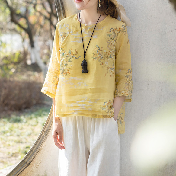 イエナ リネン100%シャツ ブラウス 黄色 羽織り スッキリ 着痩せ リネンシャツ ナチュラル 黄シャツ リネン tシャツ 半袖ブラウス