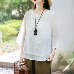 麻 ブラウス 白 婦人服 白ブラウス 白シャツブラウス tシャツ 白 白tシャツ 白のブラウス 大きいサイズ ゆったり 2枚目の画像