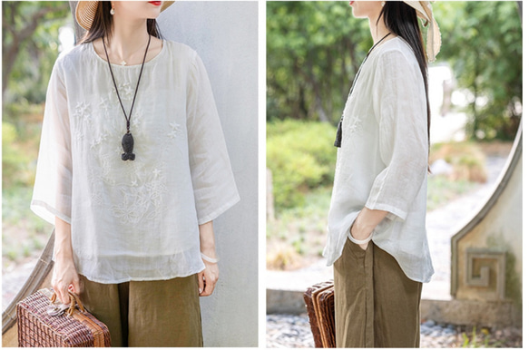 麻 ブラウス 白 婦人服 白ブラウス 白シャツブラウス tシャツ 白 白tシャツ 白のブラウス 大きいサイズ ゆったり 3枚目の画像