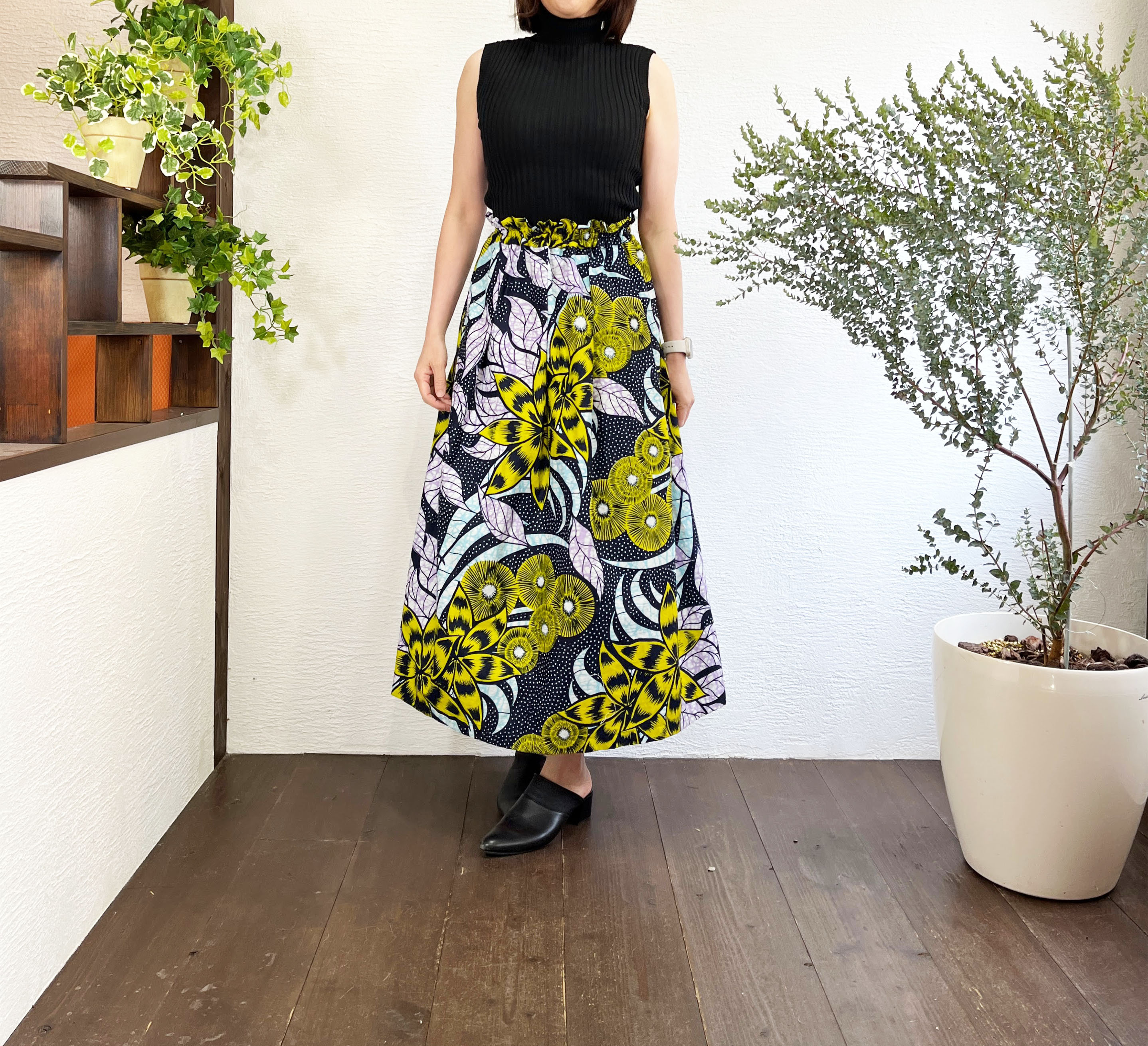 A.Nene✿タックギャザースカート　ひまわり・ロング/マキシ丈　Vlisco社　ろうけつ染め　Japan Made