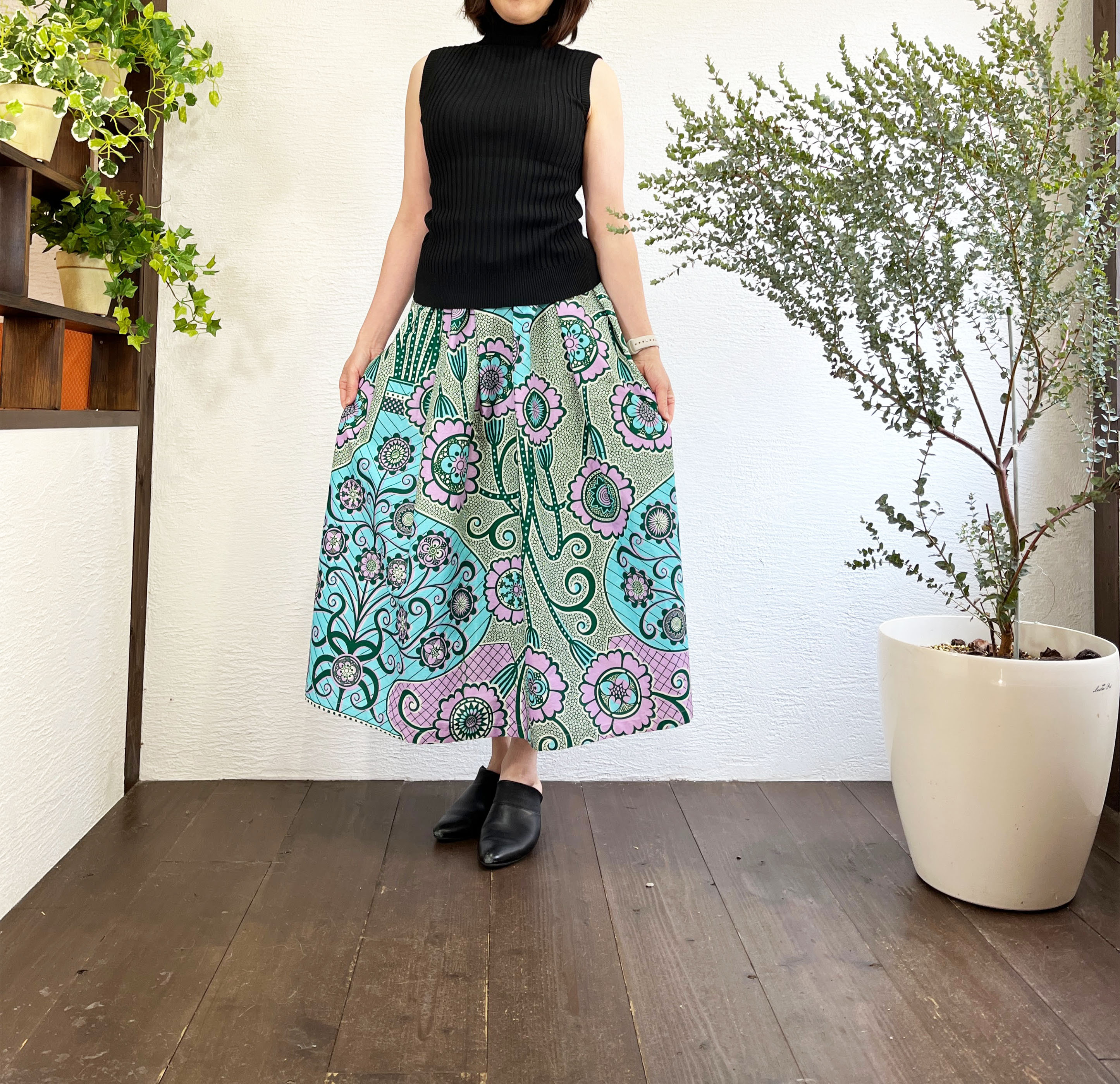 A.Nene✿タックギャザースカート　ひまわり・ロング/マキシ丈　Vlisco社　ろうけつ染め　Japan Made