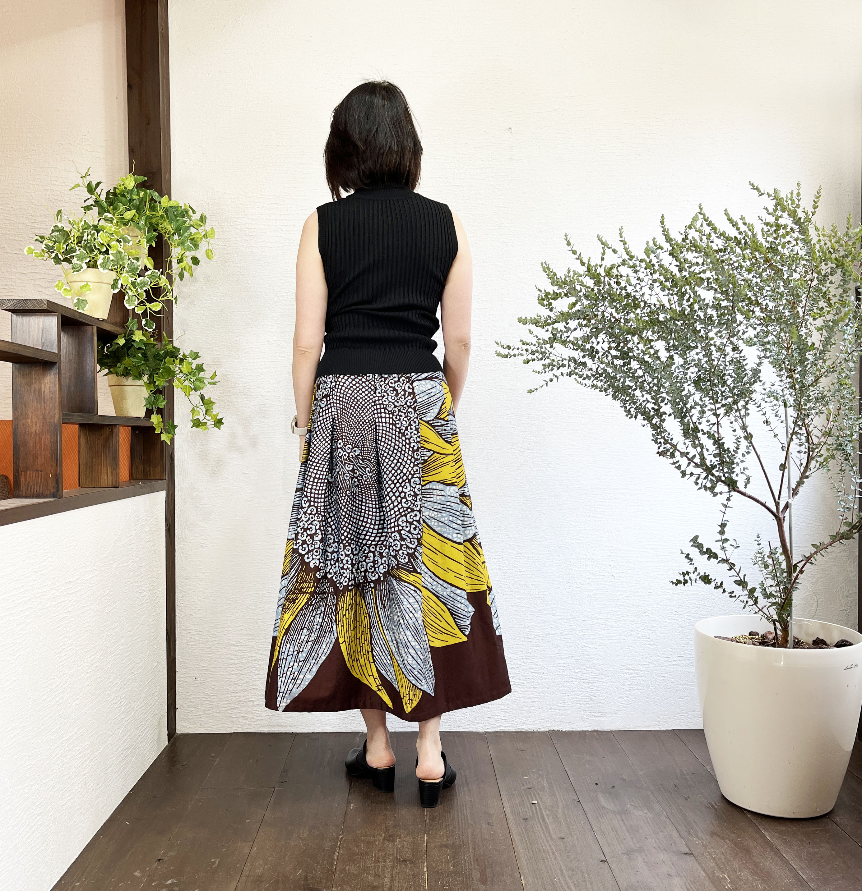 A.Nene✿タックギャザースカート　ひまわり・ロング/マキシ丈　Vlisco社　ろうけつ染め　Japan Made