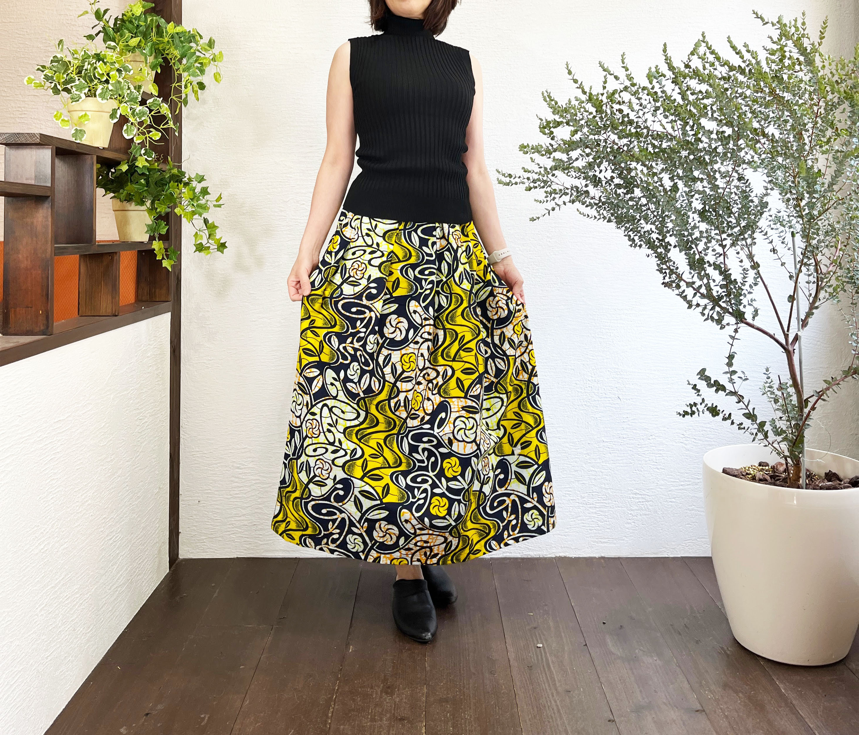 A.Nene✿タックギャザースカート　ひまわり・ロング/マキシ丈　Vlisco社　ろうけつ染め　Japan Made