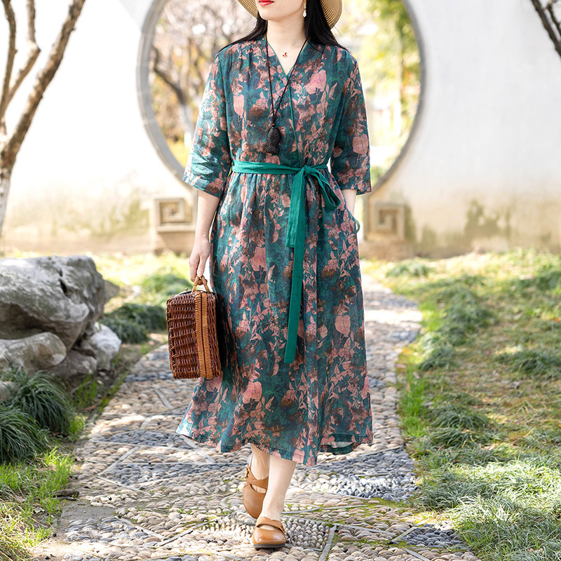 インゲボルグ　あじさい柄 七分袖ロングシャツワンピース