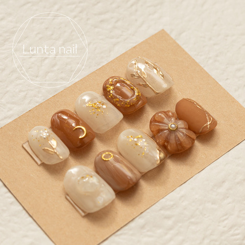 花モチーフ】オレンジブラウンもやもやネイル ネイルチップ（つけ爪