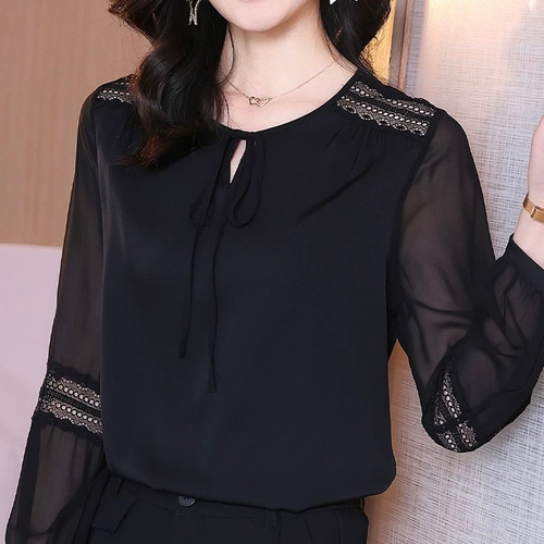 ジョーゼットシルク】シースルー袖とレースのフェミニンブラウス【春夏  