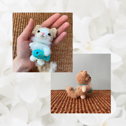 長毛猫ちゃん 茶白 お魚をかかえてお散歩へ♪ / あみぐるみ 猫 長毛