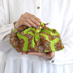 alinのあづま袋 S お弁当包み アフリカンバティックあずま袋 マチ付き （緑の波/オレンジ）. 2枚目の画像