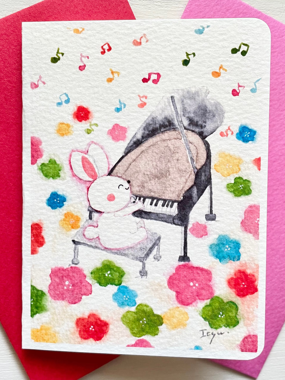 透明水彩画　ミニカード2枚セット「お花畑で演奏会」イラスト　ピアノ　音楽　音符　楽器　花　うさぎ　ウサギ　バースデー 2枚目の画像