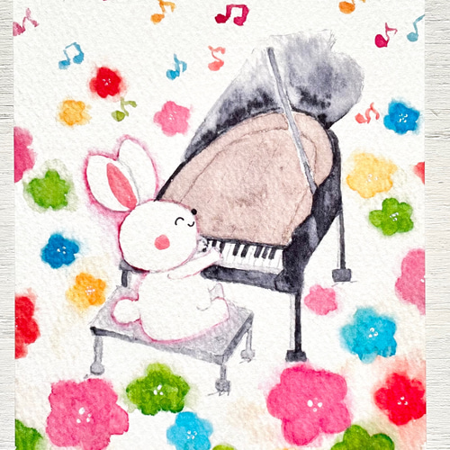 透明水彩画 3枚セット「お花畑で演奏会」イラストポストカード 音楽