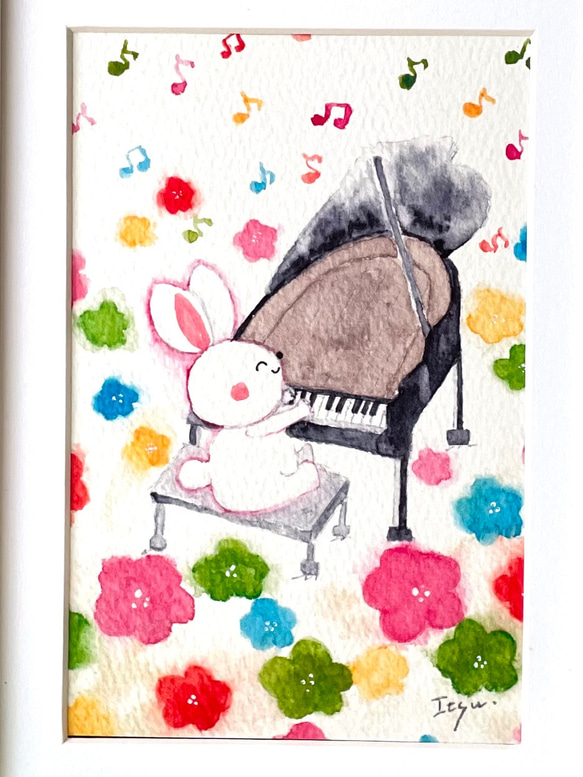 透明水彩画　A4ポスター「お花畑で演奏会」イラストポスター　ピアノ　音楽　音符　楽器　うさぎ　ウサギ　ギフト　母の日 2枚目の画像