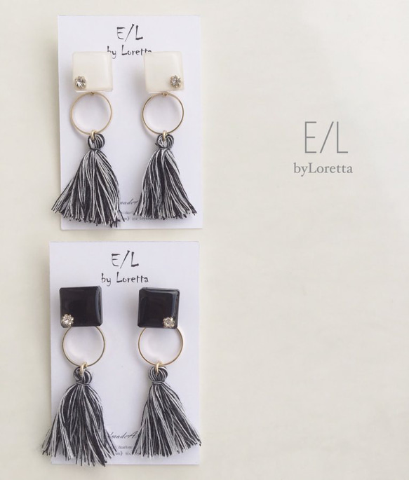 (全2色)2way color square mix tassel pierce/earring 1枚目の画像