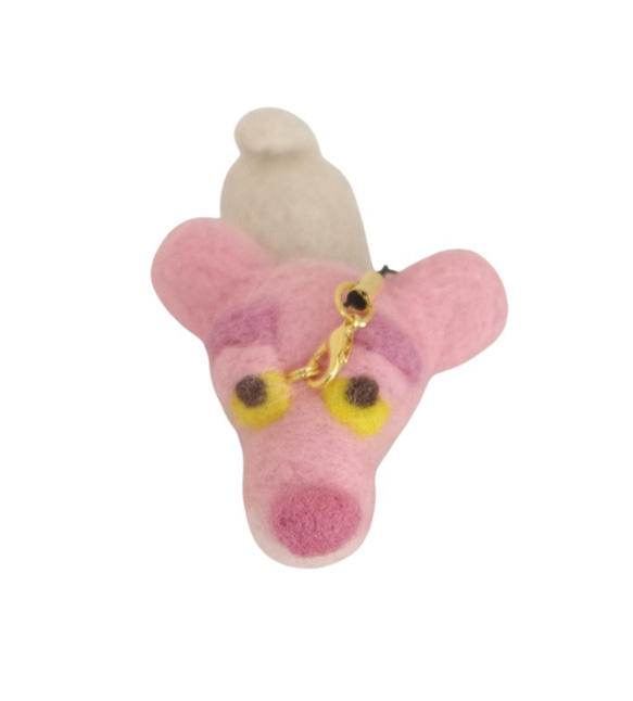 羊毛フェルト【犬】ピンクのヒョウを被ったパグストラップ (キーホルダー) 5枚目の画像
