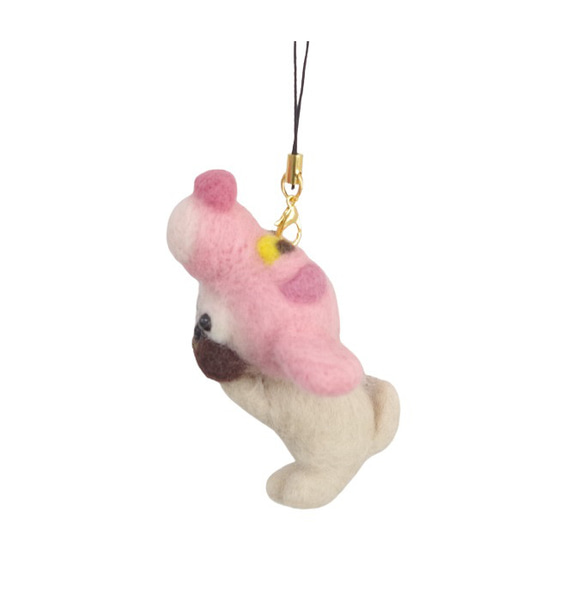 羊毛フェルト【犬】ピンクのヒョウを被ったパグストラップ (キーホルダー) 3枚目の画像