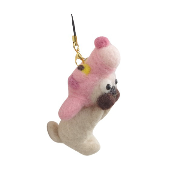 羊毛フェルト【犬】ピンクのヒョウを被ったパグストラップ (キーホルダー) 2枚目の画像