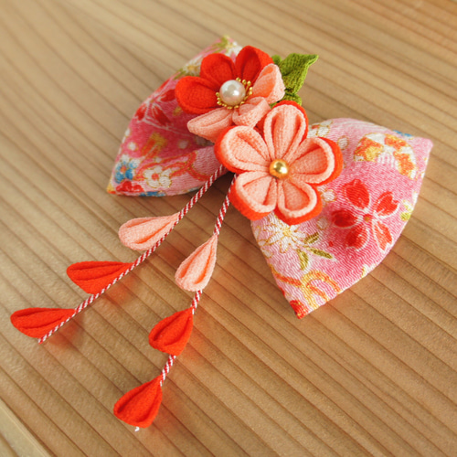 つまみ細工 ちりめん リボン 小さめ 髪飾り ピンク系 卒業式、成人式