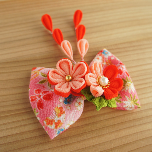 つまみ細工 ちりめん リボン 小さめ 髪飾り ピンク系 卒業式