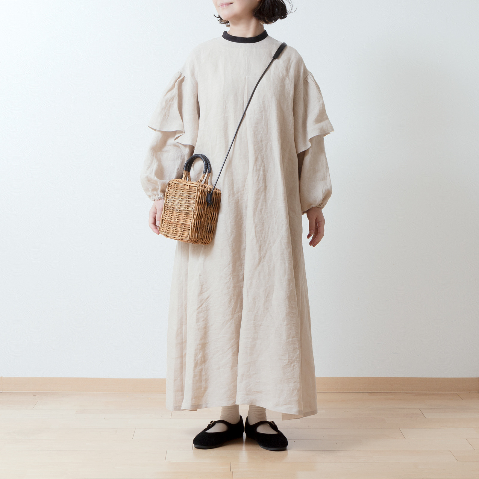 ダブルスリーブAラインリネンワンピース/ベージュ