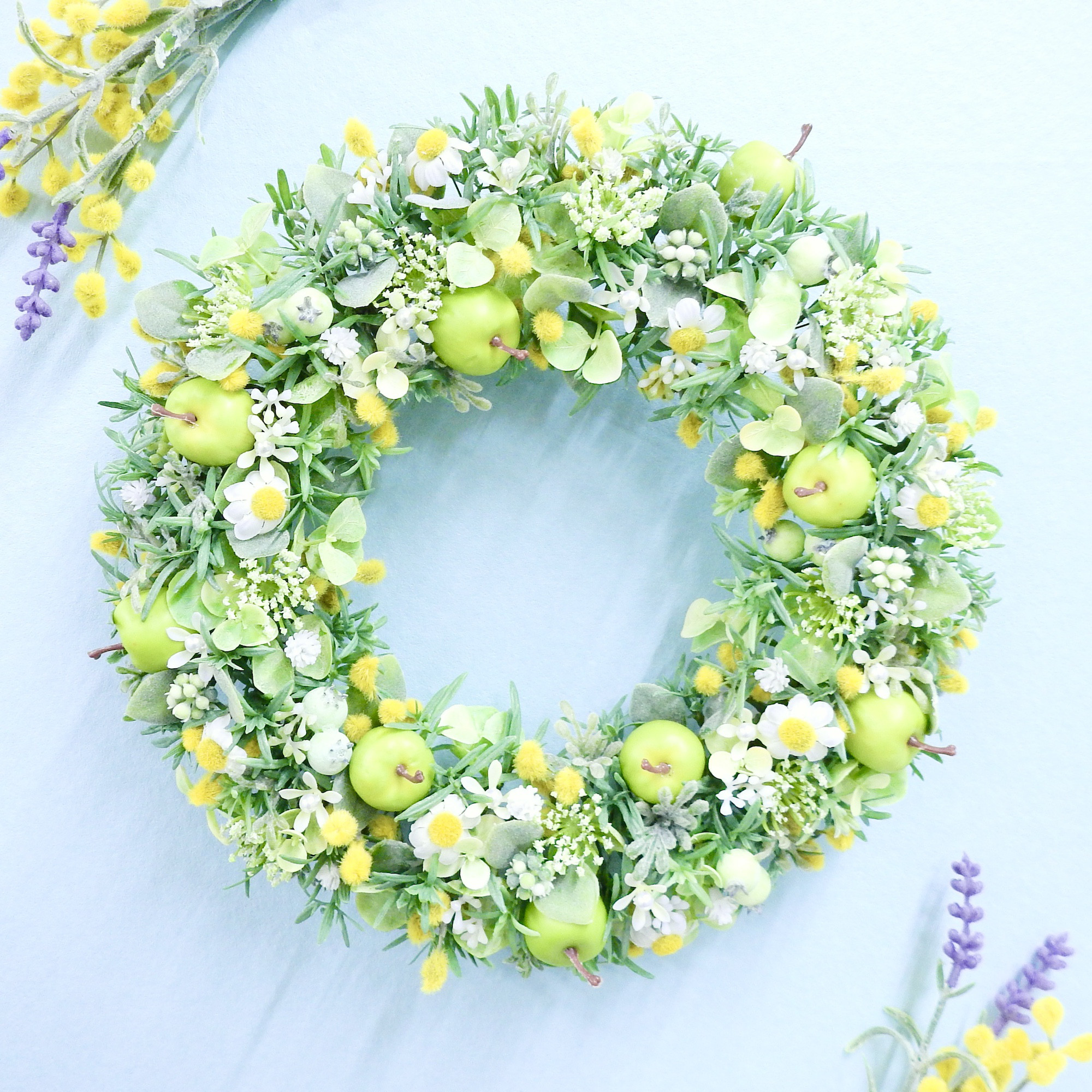 再販＊グリーンアップルとミモザのナチュラルリース(Lサイズ) ＊抗ウイルス光触媒加工付き