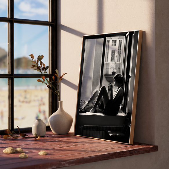 アートポスター モノクロ写真 窓辺のシルエット 影と光の芸術的表現 ヴィンテージ調 4808 4枚目の画像