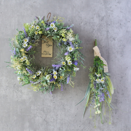 ラベンダーとカモミールのナチュラルリース～ミニスワッグ付き  