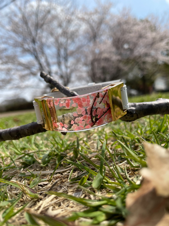 【 qualium 】　風桜　（本革 ゴールド レジン が奏でる世界初アート 桜 ブレスレット） 2枚目の画像