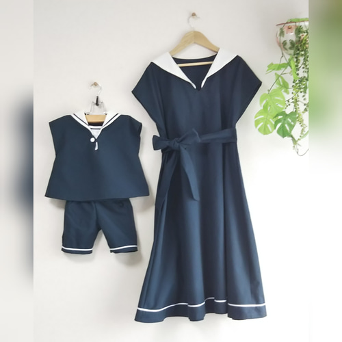 男の子ママリンクコーデ！セーラーカラーのワンピ＆シャツとパンツ 